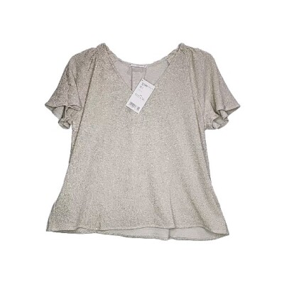 MNG by Mango Womens Ivory Gold Glitter V-Neck Shirt Blouse Size Medium 
