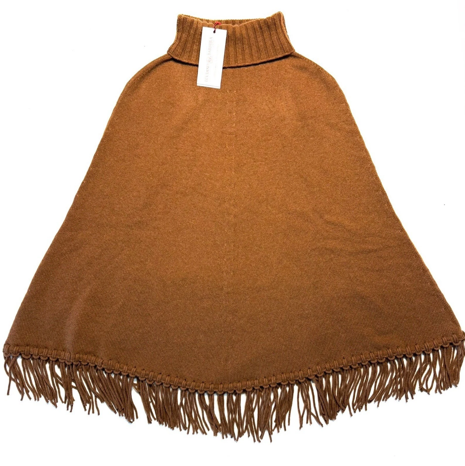 LUCIANO BARBERA Womens Cashmere Fringed Poncho Cape Caramel Brown (MSRP $1,195)