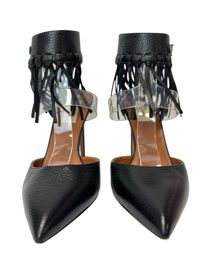 VALENTINO Garavani Calfskin C Rockee Fringe Pumps 37.5 7.5 US Black Ankle Wrap thumbnail 2