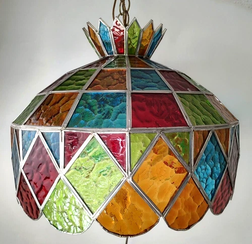 VTG Tiffany Style Multicolor Stained Glass Scalloped Bottom Hanging Swag Lamp