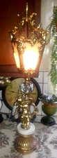 Vntg Ornate 32" Gilt Cherub Figural Lamp 4 Art Glass Encased Panel Design Beauty
