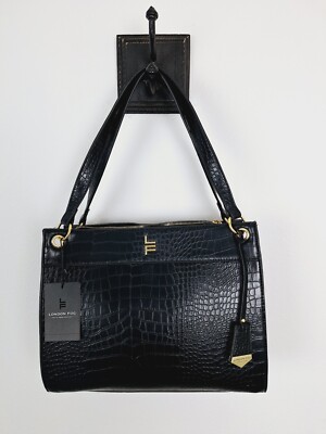 London Fog Satchel Bag Black Brielle Croco Purse NEW