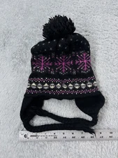 Tyrolia Beanie Toque Womens One Size Pink Black Wool Ear Flaps Fair Isle Pom