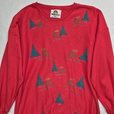 VTG 90s Red Christmas Holiday Sweater Sweatshirt Uni Size Tree Reindeer USA Made