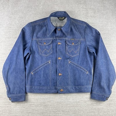 Vintage 70s Wrangler Jacket Mens Large No Fault Denim USA Made Western Cowboy