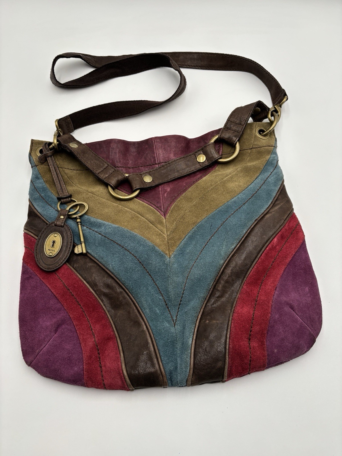 Fossil Boho-chic Patchwork Shoulder Crossbody Bag Chevron Suede Leather KeyCharm