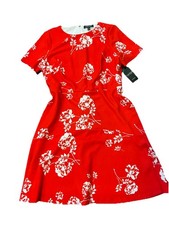 Lauren Ralph Lauren fit and flare short sleeve lined red floral dress New Sz 14