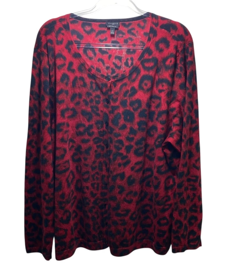 Cárdigan Suéter Talbots 100% Lana Merino Fiesta Vacaciones 3X Rojo Negro Leopardo Foto 2 de 4