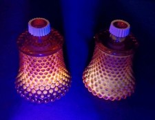 2 Vintage Cadmium Amber Glass Peg Candle Votive Cup Blacklight  glow Hobnail