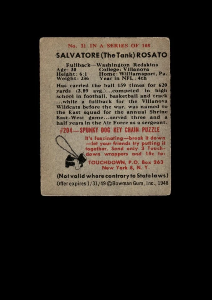 1948 Bowman Set-Break # 31 Salvatore Rosato LOW GRADE *GMCARDS* - Image 2 of 2