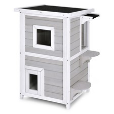 Costway 2-Tier Wooden Cat House Outdoor Kitty Shelter w/ Escape Door Rainproof