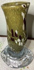 "Mundgeblasene Kunstglas Vase Murano Stil olivgrün schwerer klarer Sockel"