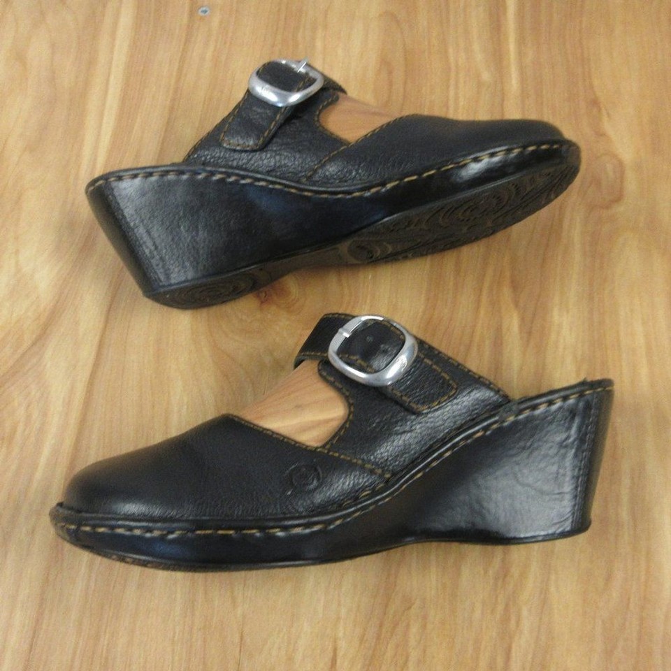 BORN Bridget Mary Jane Wedge Clogs Mule Womens Sz 8/39 Blk Leather