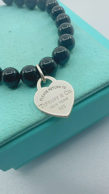 Tiffany & Co. 925 Silver RTT Heart Tag 8mm Black Onyx 7.75 Tiffany & Co. 925 Silver RTT Heart Tag 8mm Black Onyx 7.75