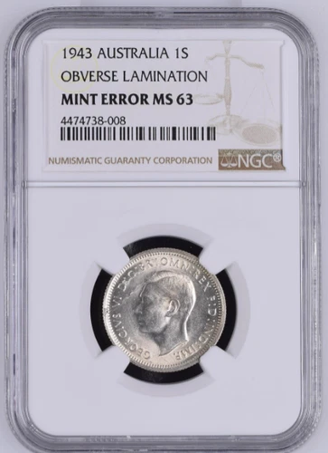 1943 AUSTRALIA SHILLING (92.5% SILVER) - Obverse Lamination Mint Error NGC MS63