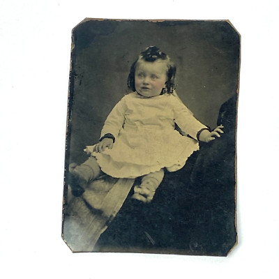 Antique Tin Type Photo Baby Girl Infant In Dress Rosy Cheeks Vintage