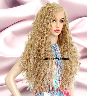 34'' LACE FRONT FULL WIG LONG LAYERED WAVY MEDIUM BLONDE MIX HEAT OK NEW