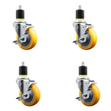 4 Inch SS Yellow Poly Swivel 1-7/8 Inch Expanding Stem Caster Set with Brake SCC