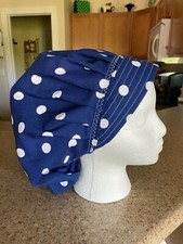 WHITE POLKA DOTS ON NAVY BLUE NURSES SCRUB HAT, BOUFFANT,CHEMO,SURGERY TECH