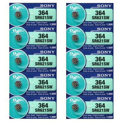 10 Pcs SONY 364 SR621SW, AG1 Silver Oxide Watch Battery 1.55V SR60 0%Hg Exp.2026