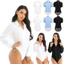 Womens One-Piece Bodysuit Shirt Button Down Casual Career Blouse party Club Tops