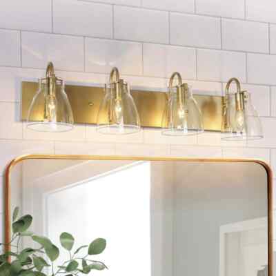 LNC Gold Bathroom Wall Light Linear Mirror Wall Sconce with Clear Bell Glass