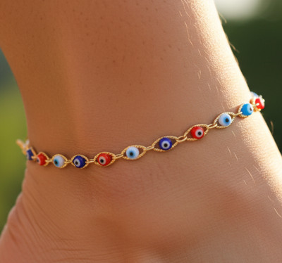 Elegant Evil Eye Charm Anklet Gold Plated Brass Chain Handmade Boho Designer