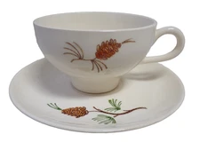 PINE CONE USA PATTERN TEA CUP & SAUCER 1950-60's VINTAGE PORCELAIN HANDPAINTED