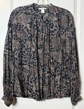 H&M Woman's Blouse Loose Fit Button-Down Long-Sleeve Black/Brown - Size 4