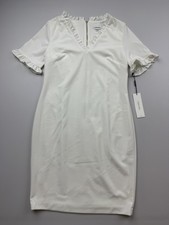 Calvin Klein Dress Womens 12 White Short Sleeve Ruffle V Neck Sheath Knee Length