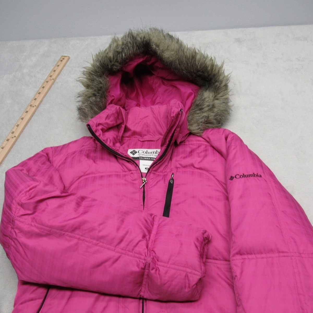 Columbia Down Jacket Womens Medium Pink Faux Fur Trim Hood Full