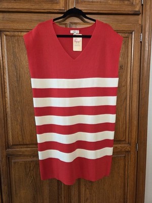 ENTRO Shift Dress Red/Cream Striped Sleeveless V-Neck Knit Knee Length Lg