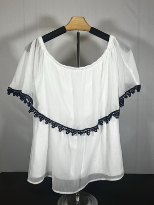 Charming Charlie White Off-The-Shoulder Ruffle Blouse Crotchet Trim Boho Size L