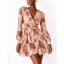 Sezane Solana Floral Patchwork Wrap Dress Linen Viscose Mini NWT 38 Small