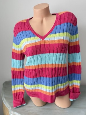 Chaps Ralph Lauren VNeck Cable Knit Sweater Pullover Womens L  Colorful Stripe