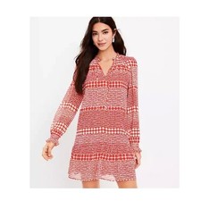 LOFT Red Chiffon Long Sleeve Mini Dress Drop Waist Ruffle Heart Polka Dot Sz M/T