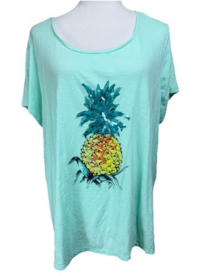 Crown & Ivy Womens T-shirt 2X Aqua with Pineapple Lightweight Beach Cruise