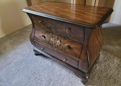 Vintage Bombe Dresser Wood Chest of Drawers, Hand Painted Floral, 3 Drawers