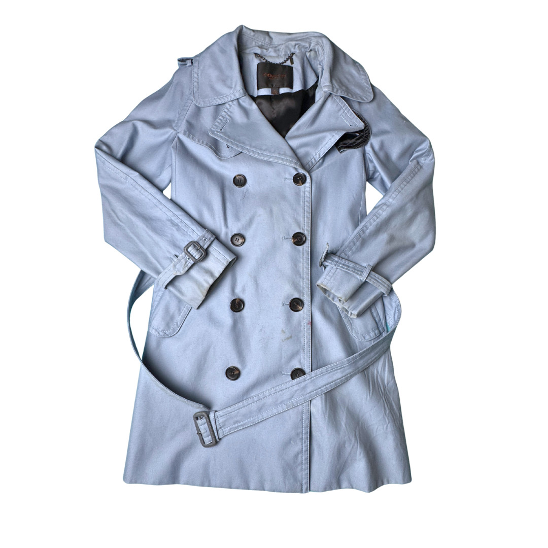 Coach New York Women’s Trench Coat Size 8 Medium Gray Blue Double Breasted Bel
