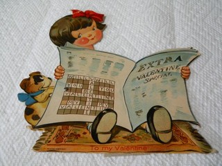 VINTAGE GERMAN MECHANICAL VALENTINE GIRL NEWSPAPER PUPPY