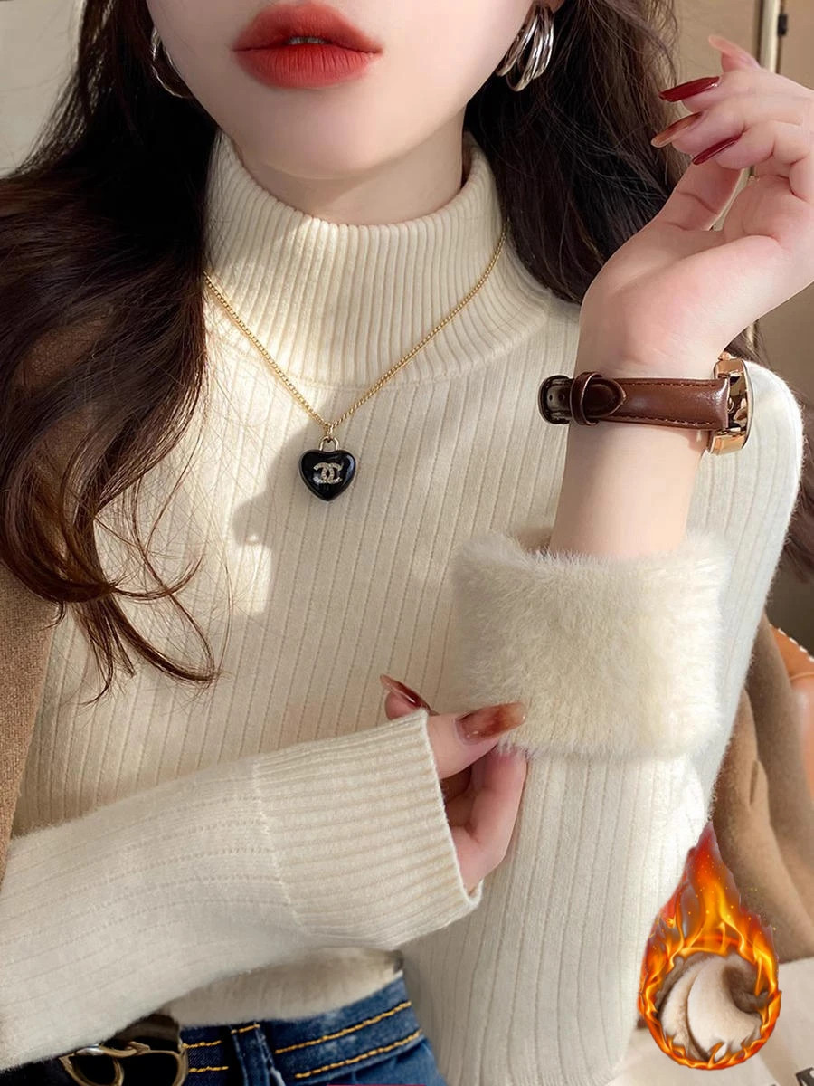 Sweater for Women Winter Thicken Turtleneck Slim Knit Pullover Warm Plush Lined-image