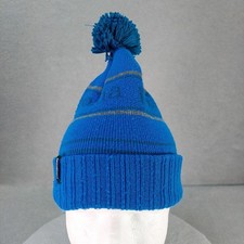 Patagonia Kid's Powder Town Beanie Cuffed Toque Pom Blue Beige Green Spell Out