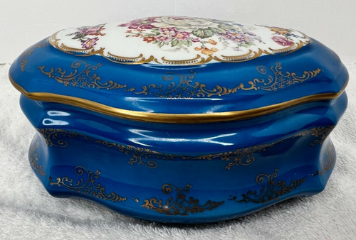 Portagioie grande Limoges D'Art Tirage Reserve floreale blu e oro - 8" - Foto 5 di 10