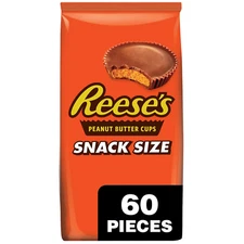 REESE'S Milk Chocolate Peanut Butter Snack Size Cups,Candy Bag,33 Oz (60 Pieces)
