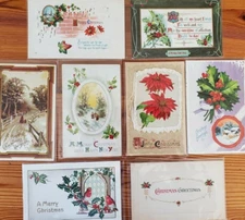 Christmas Greetings circa 1900 Lot of 8 Embossed Color Sleeved Vintage Postcards