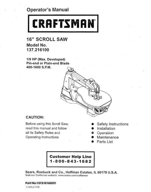 Craftsman 137.216100 Scroll Saw Owners Instruction Manual eBay
