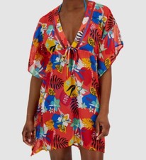 Miken Women's Red Cinched-Waist Kimono Cover-Up Swimwear Size S