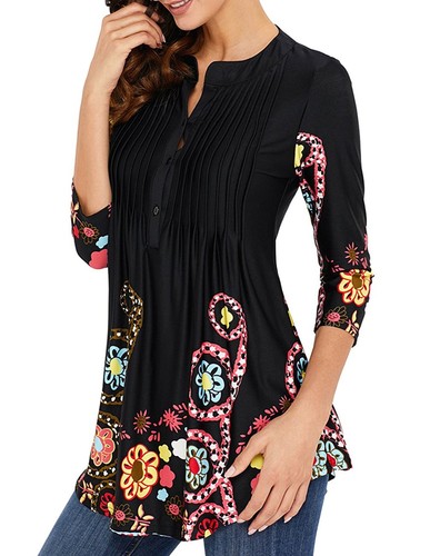 Women's 3/4 Sleeve Floral Tunic Tops Loose Blouse Button up Shirts - Picture 3 of 26