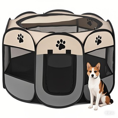 Portable Folding Pet Tent Cat Dog House Octagonal Cage Playpen Kennel Fence Gray