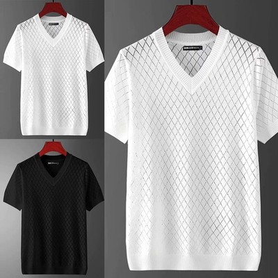Herren Sommer Eis Seide Hohl V Ausschnitt TShirt für FREIZEIT Cool Kurzarm